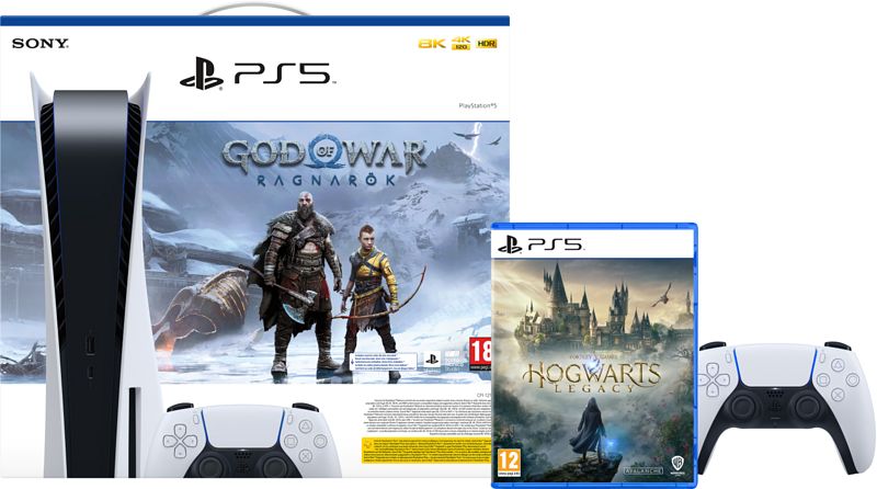 Foto van Playstation 5 disc edition + god of war + hogwarts legacy + extra controller wit