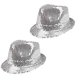Foto van 2x stuks trilby hoeden met pailletten - zilver - glitter - verkleedhoofddeksels