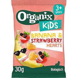 Foto van Organix kids knabbels banana & strawberry hearts 30g bij jumbo