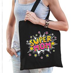 Foto van Super mom popart katoenen tas zwart voor dames - cadeau tasjes - feest boodschappentassen