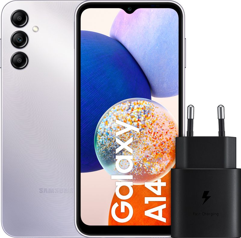 Foto van Samsung galaxy a14 128gb zilver 4g + samsung snellader zwart