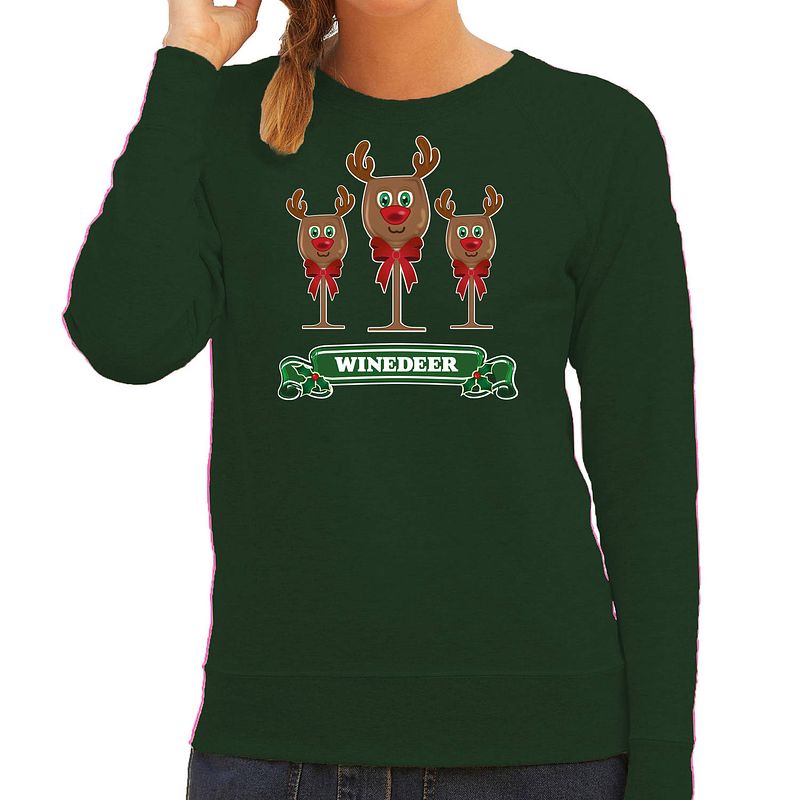 Foto van Bellatio decorations foute kersttrui/sweater dames - winedeer - groen - wijn - rendier - rudolf xs - kerst truien