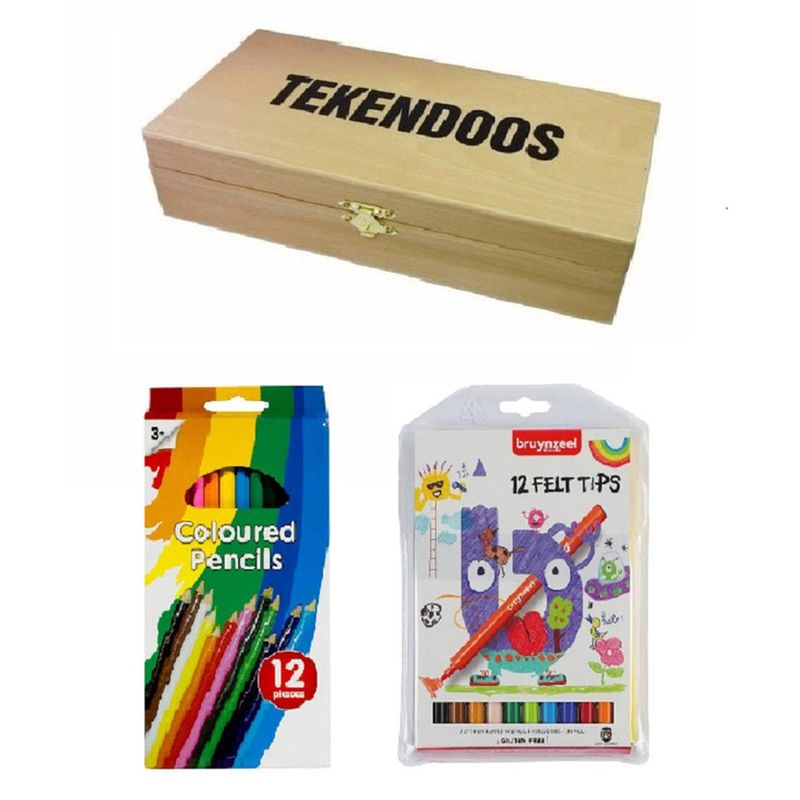 Foto van Houten tekendoos 27 x 15 cm inclusief 12 kleurpotloden en 12 viltstiften tekenpakket - potlodendozen