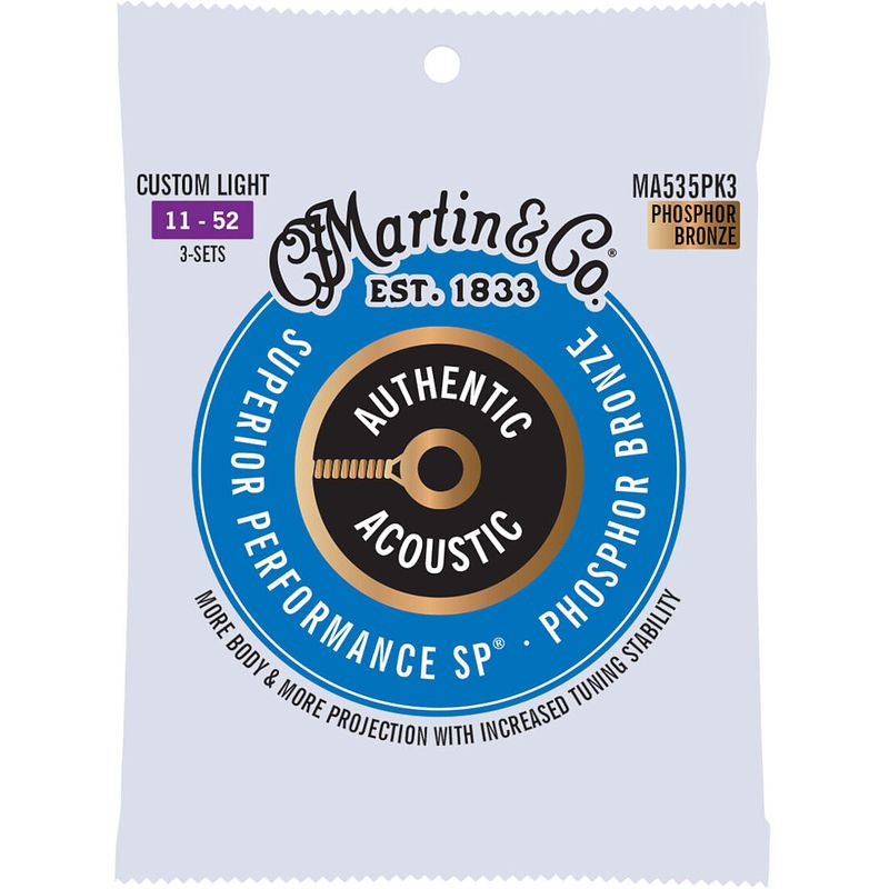 Foto van Martin strings ma535pk3 authentic acoustic sp phosphor bronze 3-pack custom light 11-52 snarensets voor westerngitaar (3 sets)