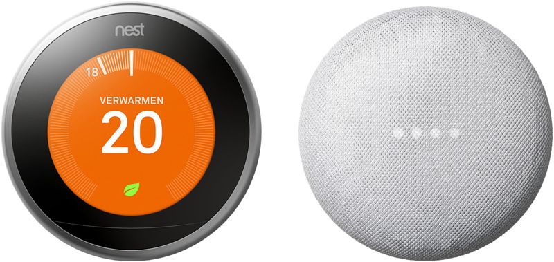 Foto van Nest learning thermostat v3 premium zilver + google nest mini wit