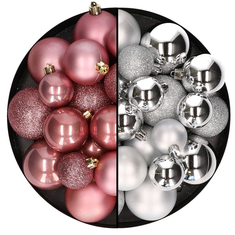 Foto van Kerstballen 60x stuks - mix oudroze/zilver - 4-5-6 cm - kunststof - kerstbal