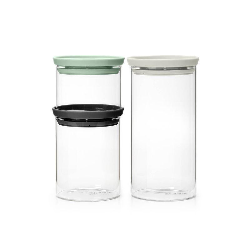 Foto van Brabantia glazen voorraadbussen stapelbaar, set van 0,3-0,6-1,1 liter - light grey, dark grey en jade green