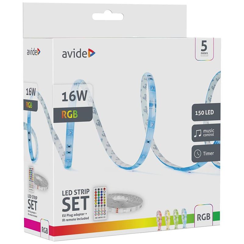 Foto van Avide alsb5050rgbmu40-5m led-strip complete set met connector (male) 12 v, 230 v 5 m rgb