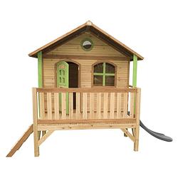 Foto van Axi stef speelhuis op palen & grijze glijbaan speelhuisje voor de tuin / buiten in bruin & groen van fsc hout