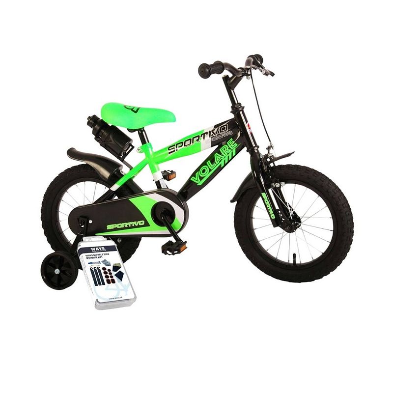 Foto van Volare kinderfiets sportivo - 14 inch - groen/zwart - inclusief ways bandenplakset