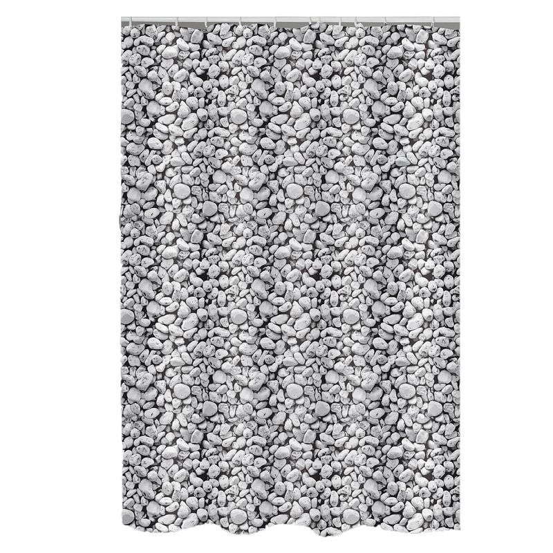 Foto van Msv douchegordijn met ringen - grijs - kiezels print - polyester - 180 x 200 cm - wasbaar - douchegordijnen