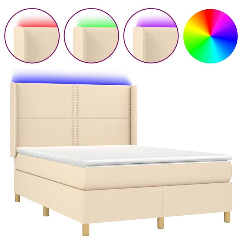 Foto van The living store boxspring bed - crème - 203 x 147 x 118/128 cm - verstelbaar hoofdbord - kleurrijke led-verlichting -