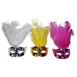 Foto van Oogmasker metallic met veren roze - verkleedmaskers