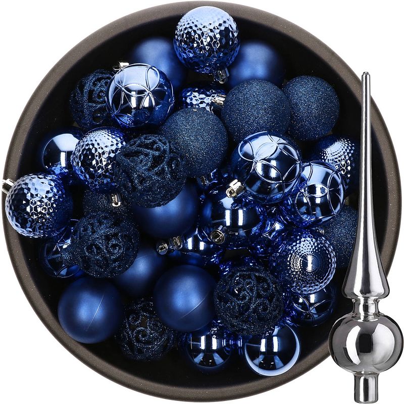 Foto van 37x stuks kunststof kerstballen 6 cm kobalt blauw incl. glazen piek glans zilver - kerstbal