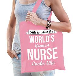 Foto van Bellatio decorations cadeau tas voor verpleegkundigea - katoen - 42 x 38 cm - world'ss greatest nurse - feest boodschappe