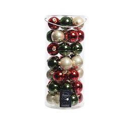 Foto van 49x stuks glazen kerstballen donkergroen/rood/champagne 6 cm glans en mat - kerstbal