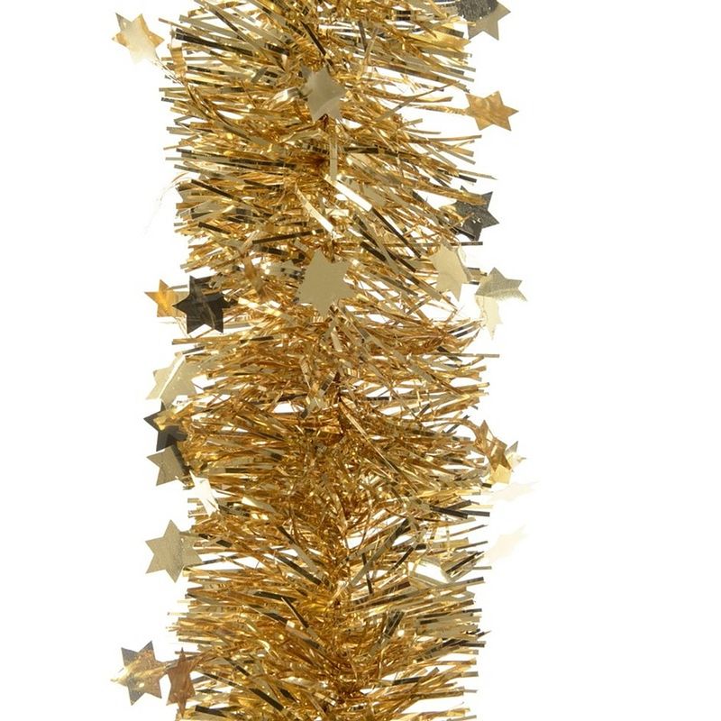 Foto van 3x kerst lametta guirlandes goud sterren/glinsterend 10 x 270 cm kerstboom versiering/decoratie - kerstslingers