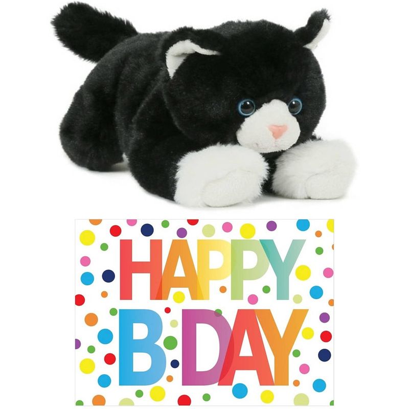 Foto van Cadeau setje pluche zwart/witte kat/poes knuffel 25 cm met happy birthday wenskaart - knuffel huisdieren