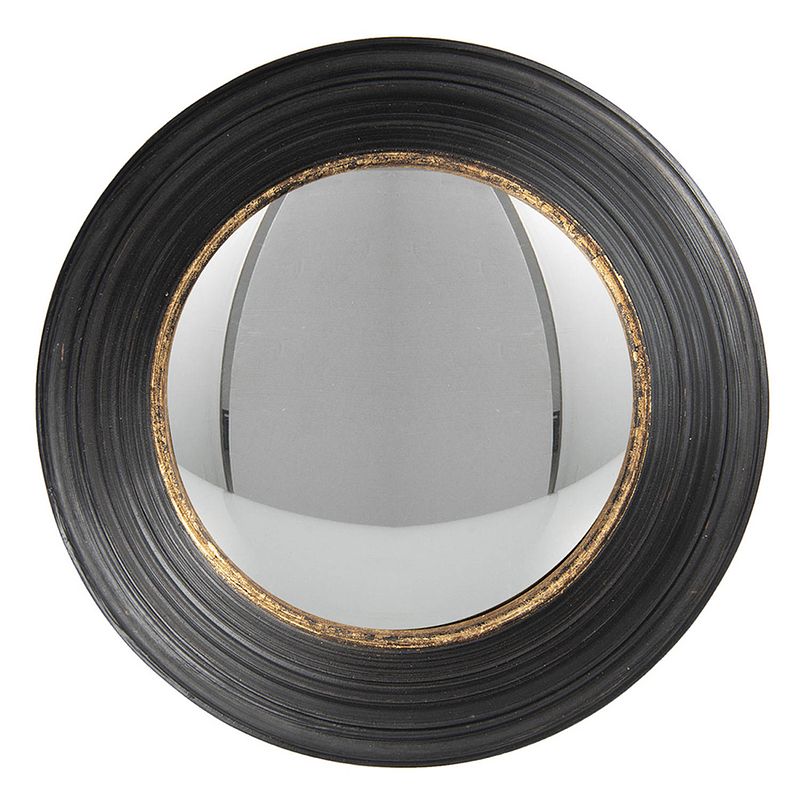 Foto van Haes deco - bolle ronde spiegel - zwart - ø 34x6 cm - polyurethaan ( pu) - wandspiegel, spiegel rond, convex glas