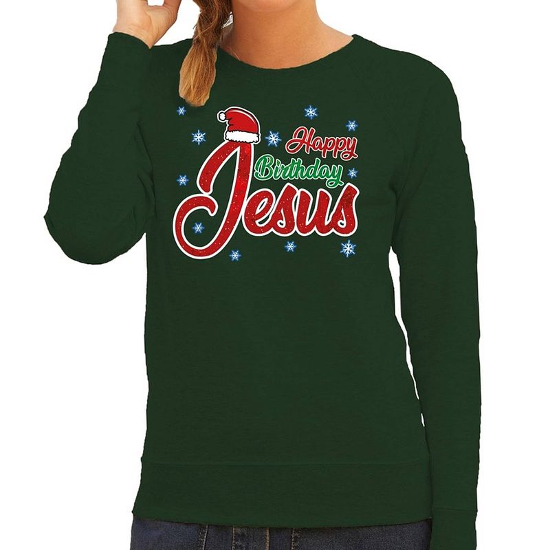 Foto van Foute kerstborrel trui / kersttrui happy birthday jesus / jezus groen voor dames 2xl (44) - kerst truien