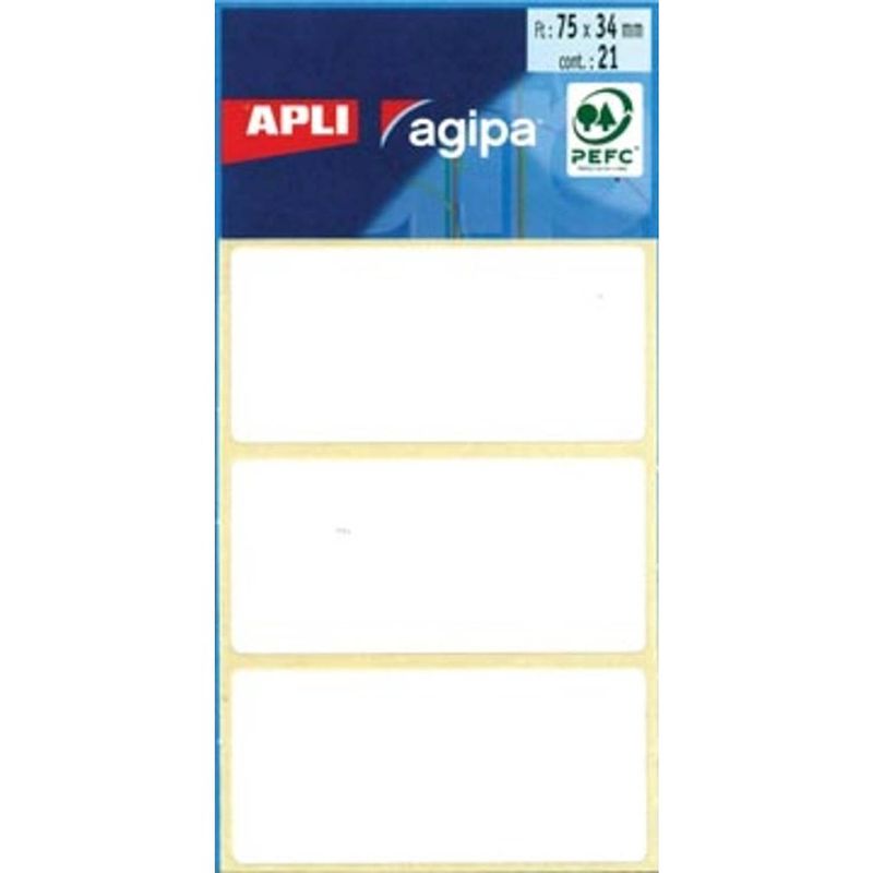 Foto van Agipa witte etiketten in etui ft 34 x 75 mm (b x h), 21 stuks, 3 per blad