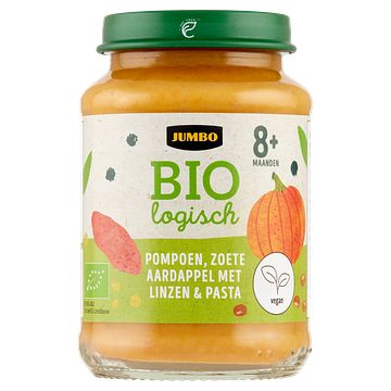 Foto van Jumbo biologisch pompoen, zoete aardappel met linzen & pasta 8+ maanden 190g