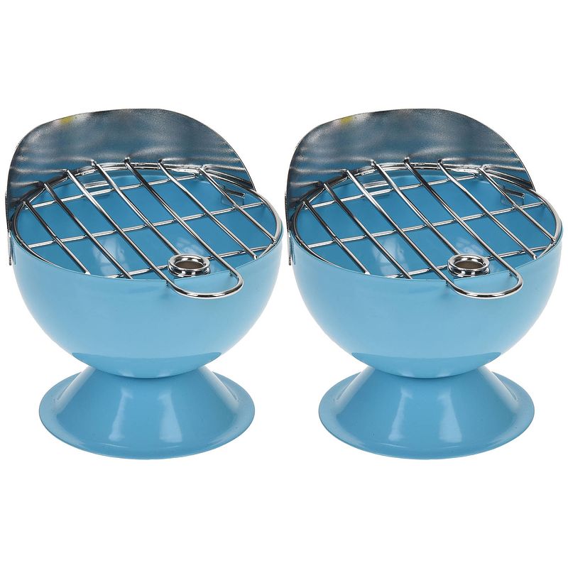 Foto van Set van 2x stuks asbak als bbq vorm metaal 12 cm blauw voor binnen/buiten - asbakken