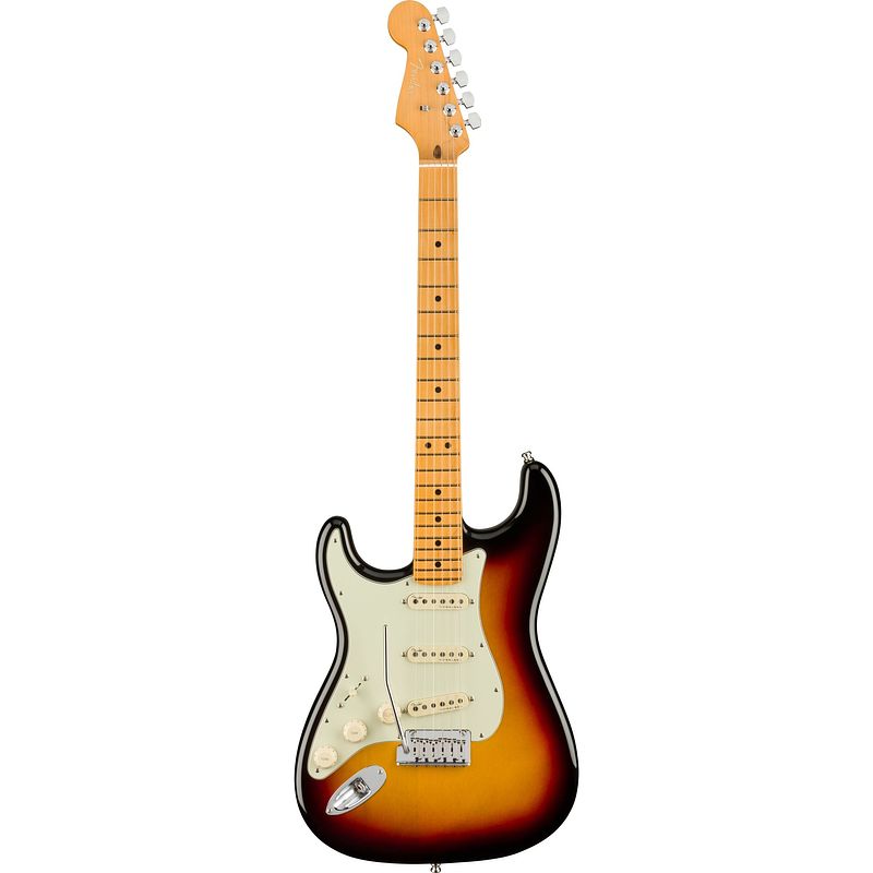 Foto van Fender american ultra stratocaster lh ultra burst mn linkshandige elektrische gitaar met koffer