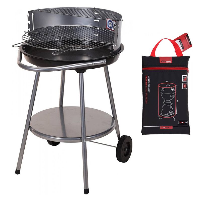 Foto van Bbq barbecue op wielen - ø 51,5 cm - rvs - zwart incl. beschermhoes