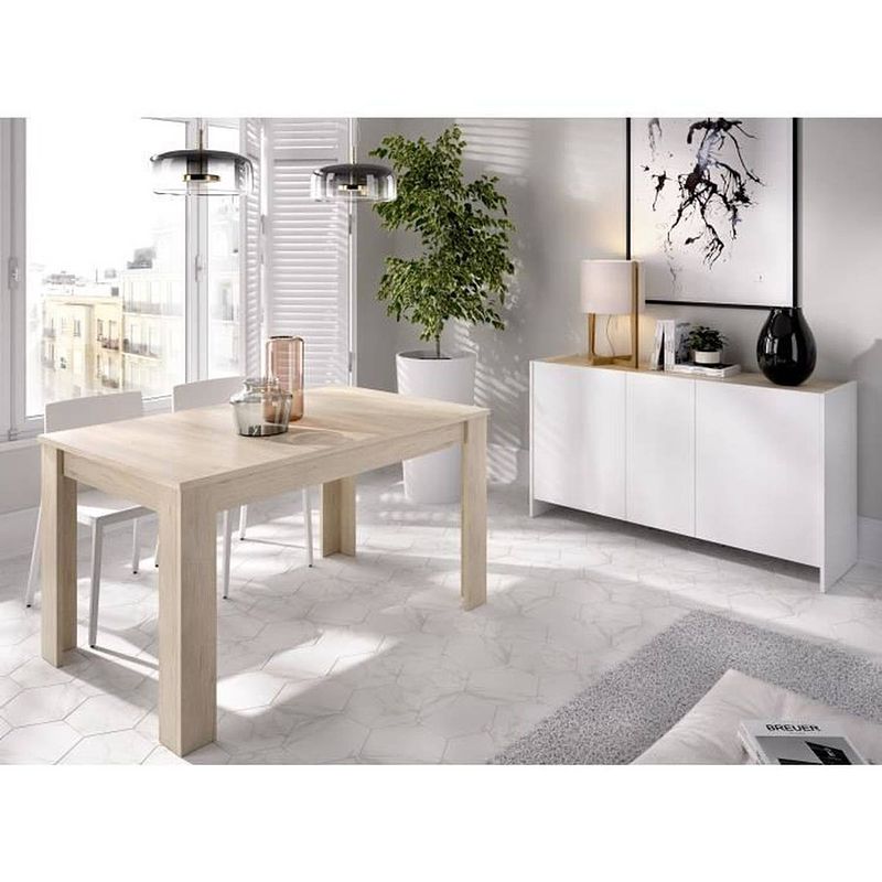 Foto van Kloe woonkamerset: dressoir + uitschuifbare tafel - licht eiken en mat wit decor