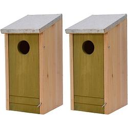 Foto van 2x houten vogelhuisjes/nestkastjes lichtgroene voorzijde 26 cm - vogelhuisjes