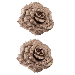 Foto van 4x stuks decoratie bloemen roos champagne glitter op clip 18 cm - kersthangers