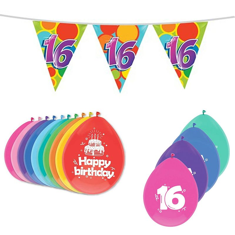 Foto van Leeftijd verjaardag thema 16 jaar pakket ballonnen/vlaggetjes - feestpakketten