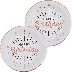 Foto van Verjaardag feest bordjes happy birthday - 20x - rose goud - karton - 22 cm - rond - feestbordjes