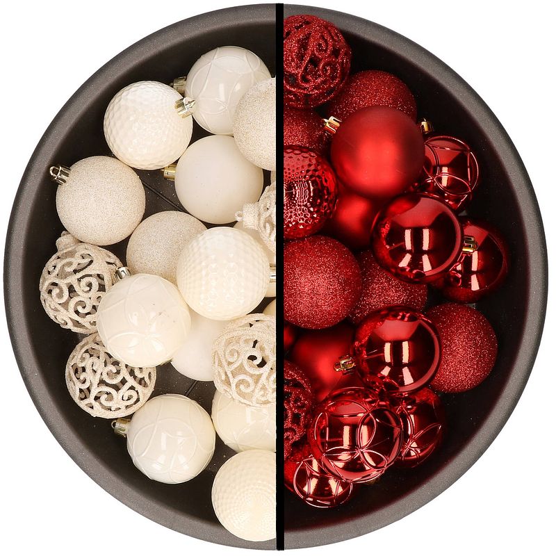 Foto van Kerstballen - 74x stuks - wol wit en rood - 6 cm - kunststof - kerstbal