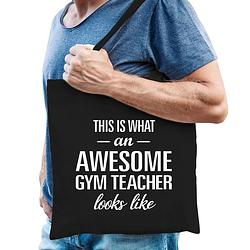 Foto van Awesome gym teacher / geweldige gymleraar / gymlerares cadeau tas zwart voor dames en heren - feest boodschappentassen