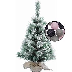 Foto van Kleine kerstboom besneeuwd -incl. verlichting bollen mix grijs/lichtroze - h60 cm - kunstkerstboom