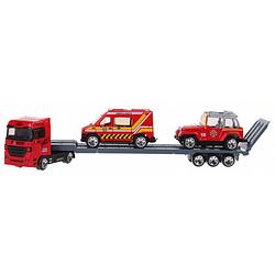 Foto van Jonotoys vrachtauto met oplegger met 2 wagens 24 cm rood/grijs