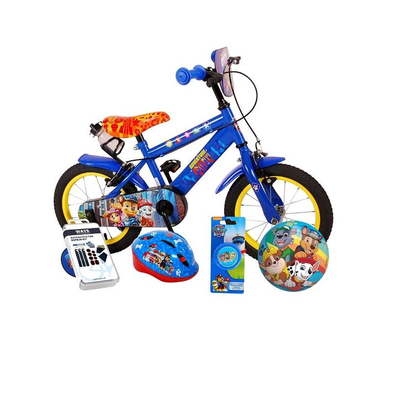 Foto van Volare kinderfiets paw patrol - 14 inch - blauw - twee handremmen - inclusief fietshelm en accessoires