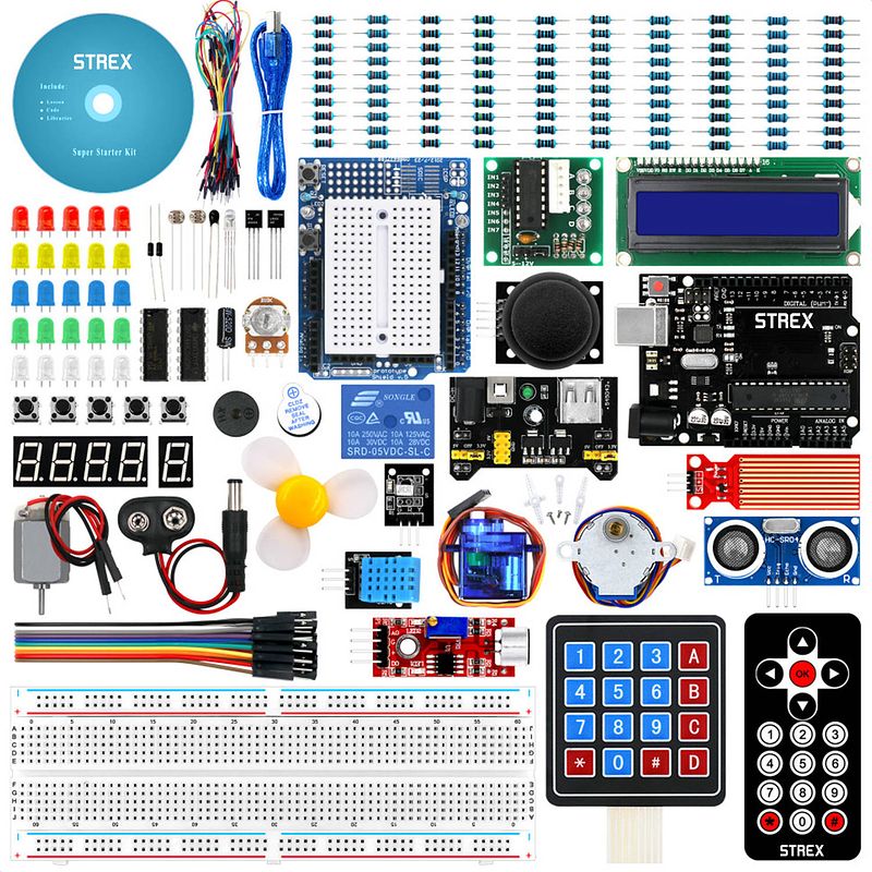 Foto van Strex starter kit geschikt voor arduino - atmega328p - 244 delig - in plastic opbergdoos