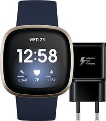 Foto van Fitbit versa 3 blauw/goud + samsung adaptive fast charging oplader 15w zwart