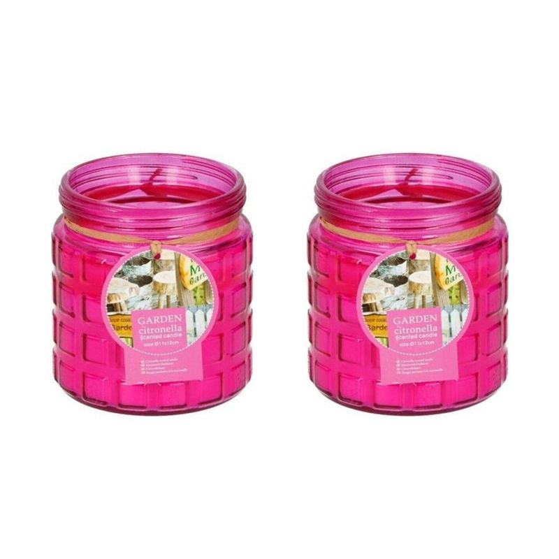 Foto van 2x stuks citronella kaarsen tegen insecten in glazen pot 12 cm fuchsia roze - geurkaarsen