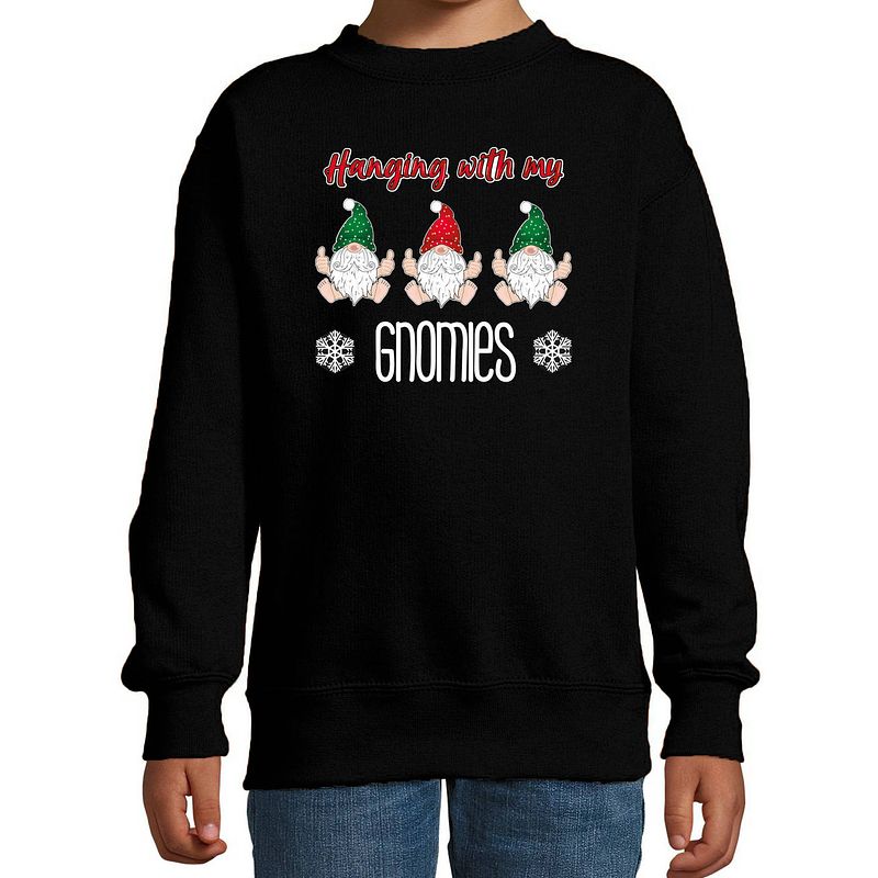 Foto van Bellatio decorations kersttrui/sweater voor kinderen - kerst kabouter/gnoom - zwart - gnomies 9-11 jaar (134/146) - kers