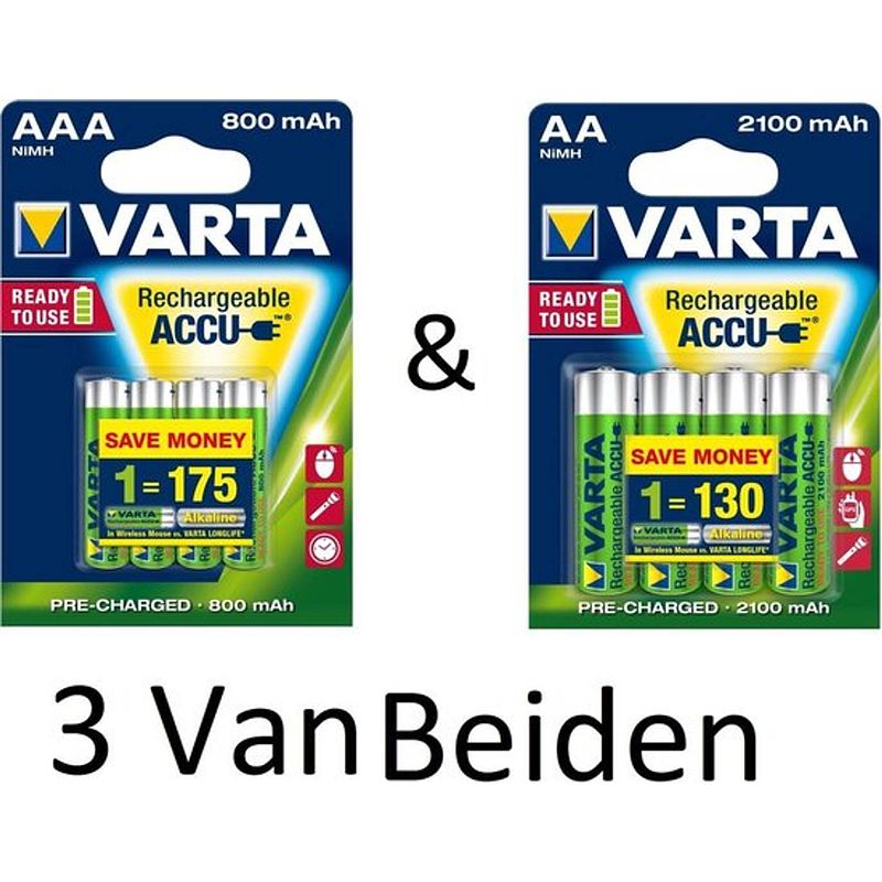 Foto van (3 van beiden) varta aa & aaa oplaadbare batterijen combi aanbieding 800 mah & 2100 mah