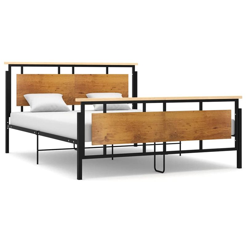 Foto van The living store bedframe s - metalen - 208.5 x 166 x 90 cm (l x b x h) - zwart - massief eikenhout - gepoedercoat