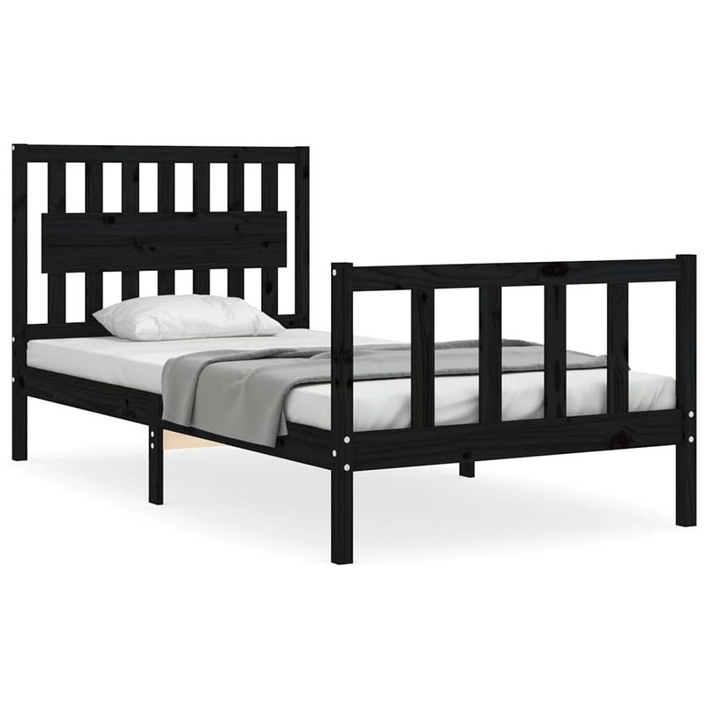 Foto van The living store massief grenenhouten bedframe - zwart - 205.5 x 105.5 x 100 cm - multiplex lattenbodem