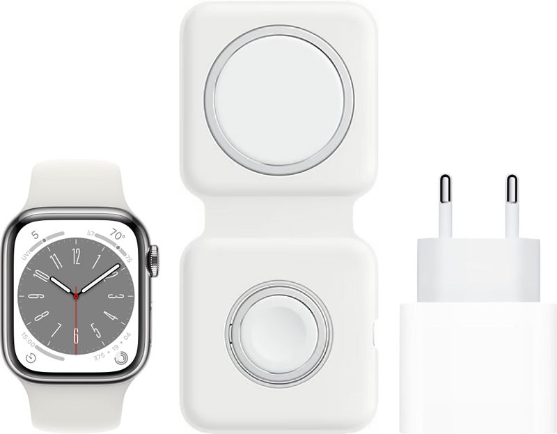 Foto van Apple watch series 8 4g 45mm zilver rvs witte sportband + magsafe oplaadpakket