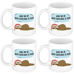 Foto van Set van 4x stuks wake me up when christmas is over kerstcadeau koffiemokken luiaard kerstmis 300 ml - bekers