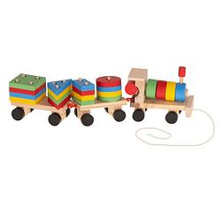 Foto van Houten trein met blokken en vormen - blokkentrein - treinlocomotief - speelgoedtrein - educatie met vormen en kleuren