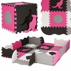 Foto van Speelmat speelmat foam puzzelmat figuren 9 puzzelstukken 120 x 120 cm roze/grijs/zwart/wit